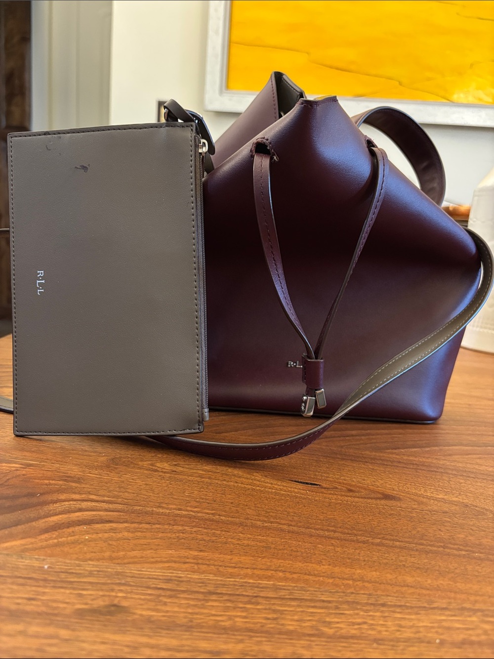 Ralph Lauren Burgundy Leather Drawstring Crossbody Bag - Picture 3 of 5